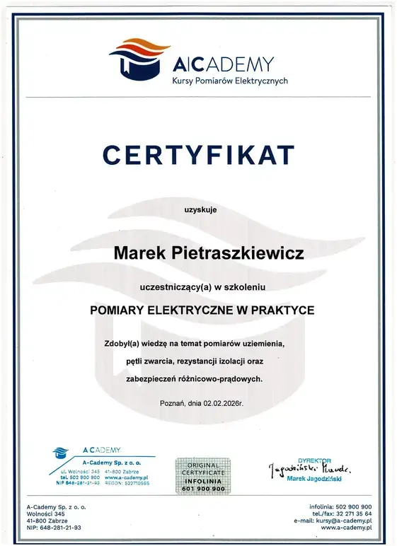 Certyfikat - Pomiary Elektryczne