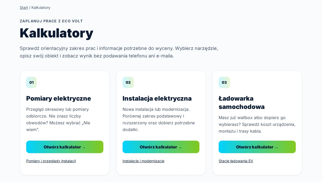 Nowe kalkulatory Eco Volt: pomiary, instalacja elektryczna i ładowarka samochodowa
