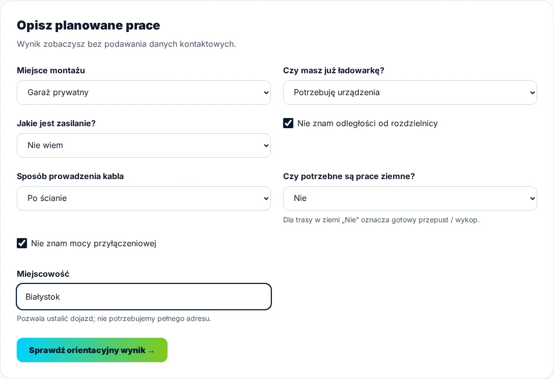 Formularz kalkulatora ładowarki samochodowej Eco Volt z miejscem montażu, rodzajem zasilania, trasą kabla i opcjami Nie wiem