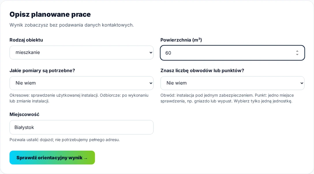 Formularz kalkulatora pomiarów Eco Volt z wyborem rodzaju obiektu, zakresu badań i odpowiedzi Nie wiem przy liczbie obwodów lub punktów